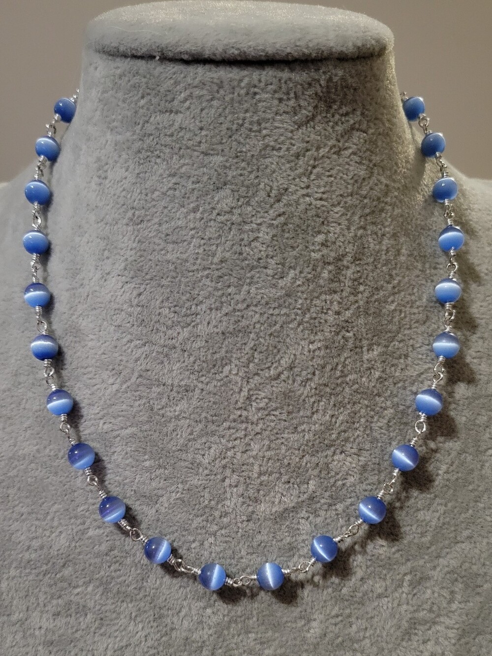 Vintage Sterling Silver 925 Blue Cat's Eye Quartz Rosary Link Necklace Choker